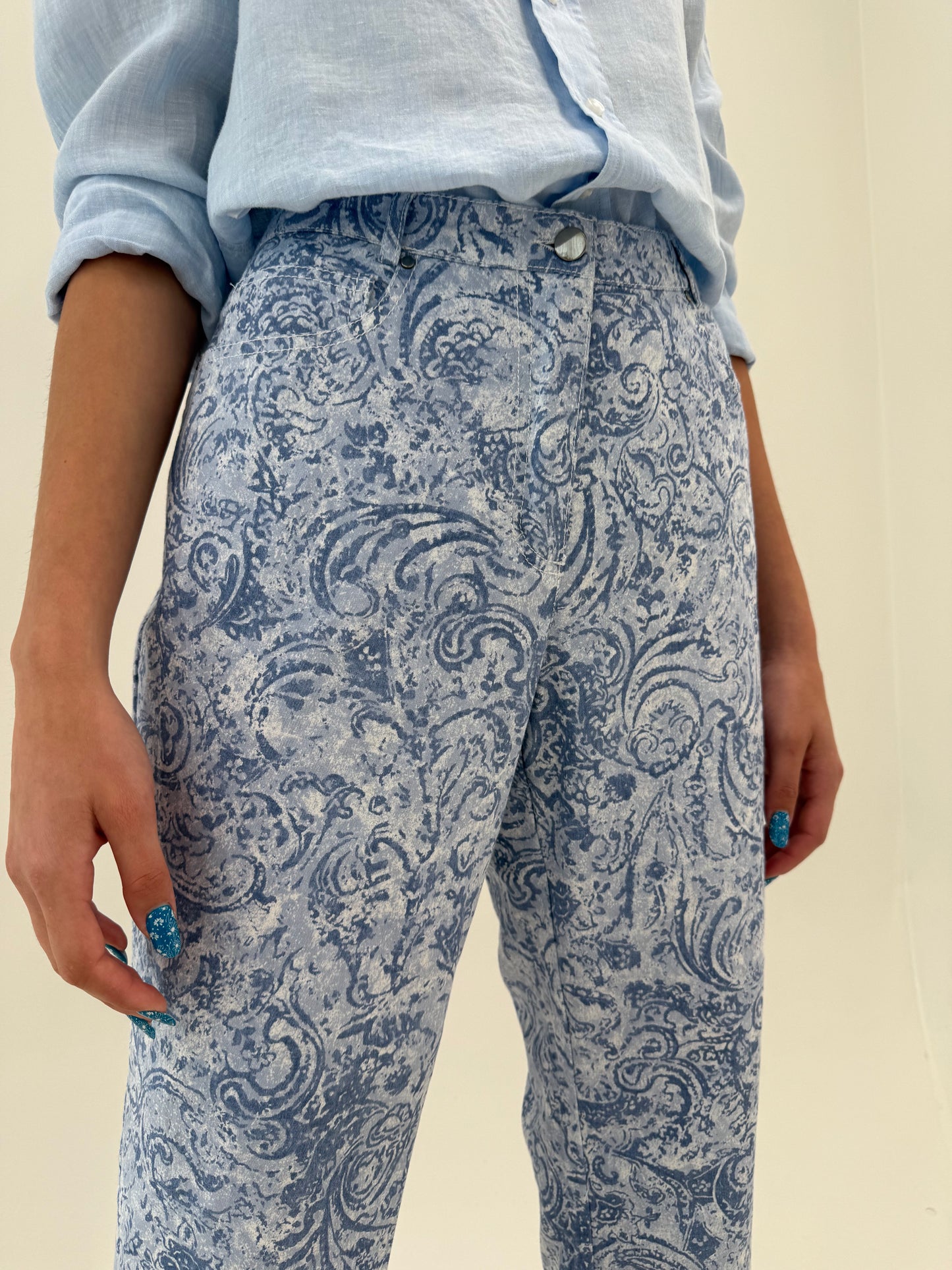 Pantaloni ultra confort din bumbac modelator cu print paisley baby blue
