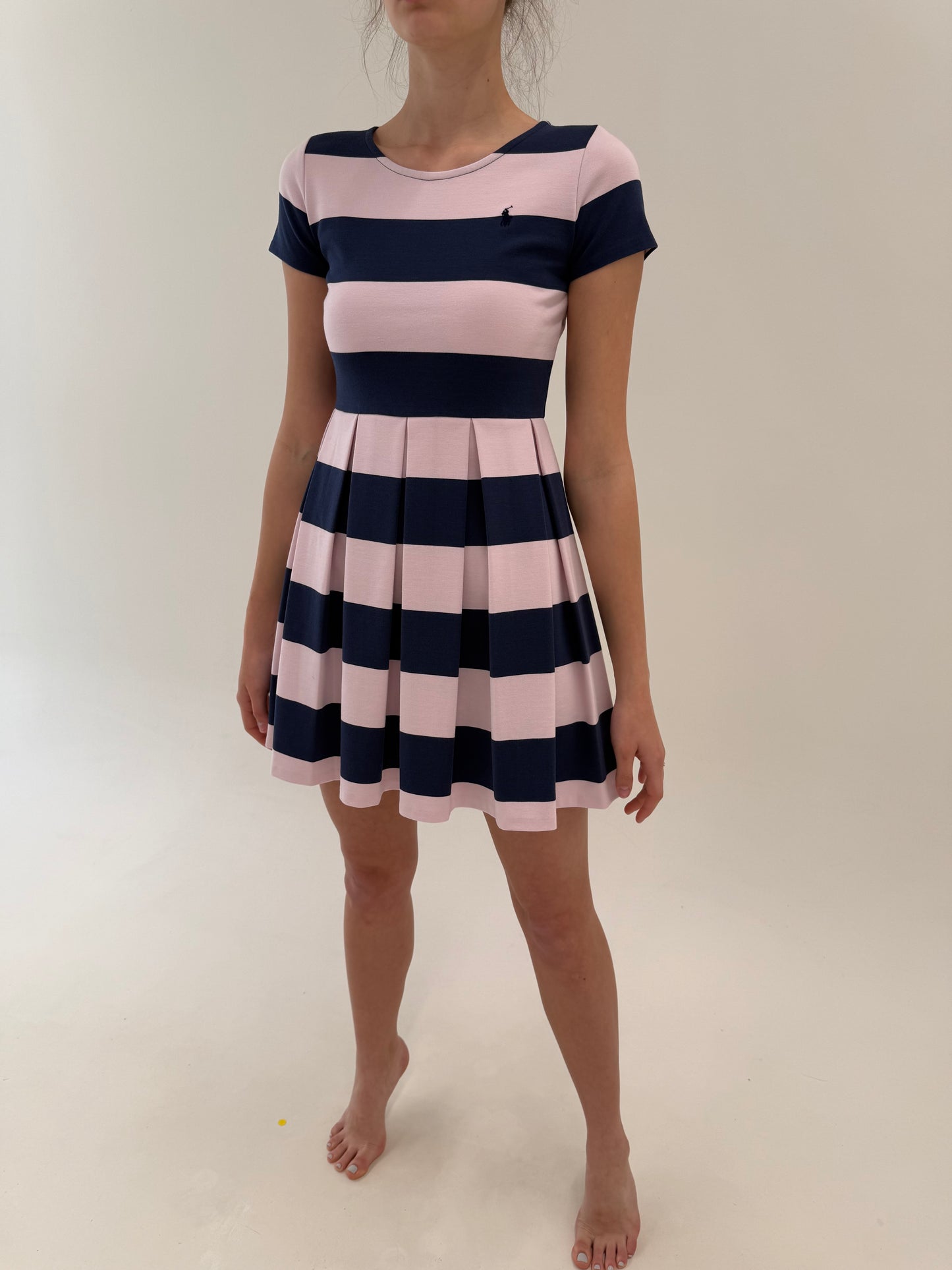 Rochie Ralph Lauren în dungi powder pink și navy din bumbac premium modelator