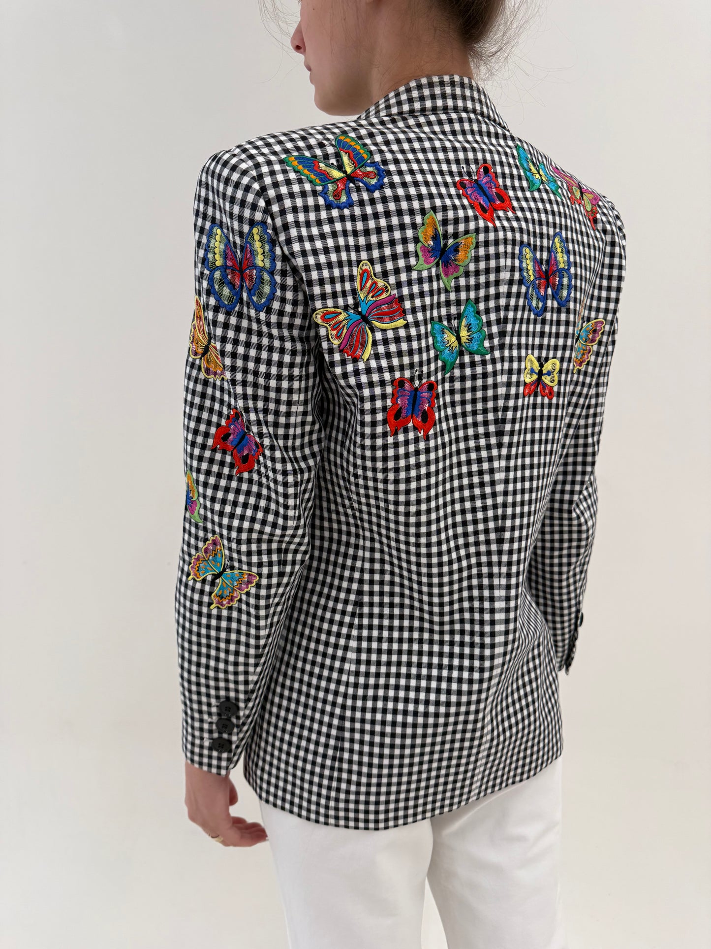 Sacou Escada vintage de vară în carouri alb negru cu închidere dublă și broderie