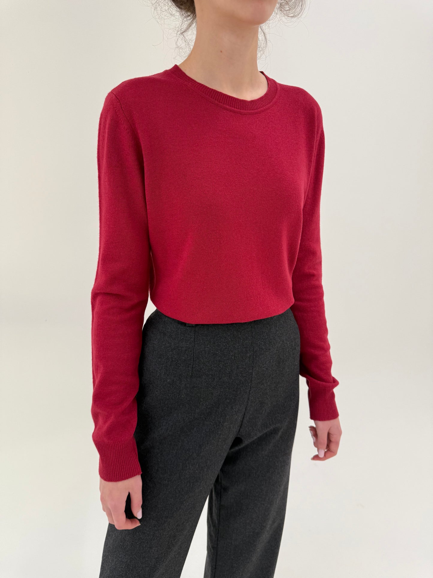 Pulover italian dark cherry red crew neck din lana merino extrafina