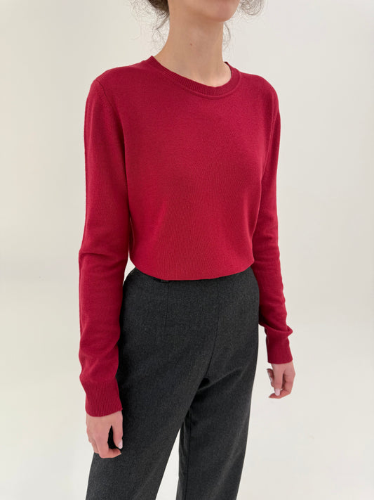 Pulover italian dark cherry red crew neck din lana merino extrafina