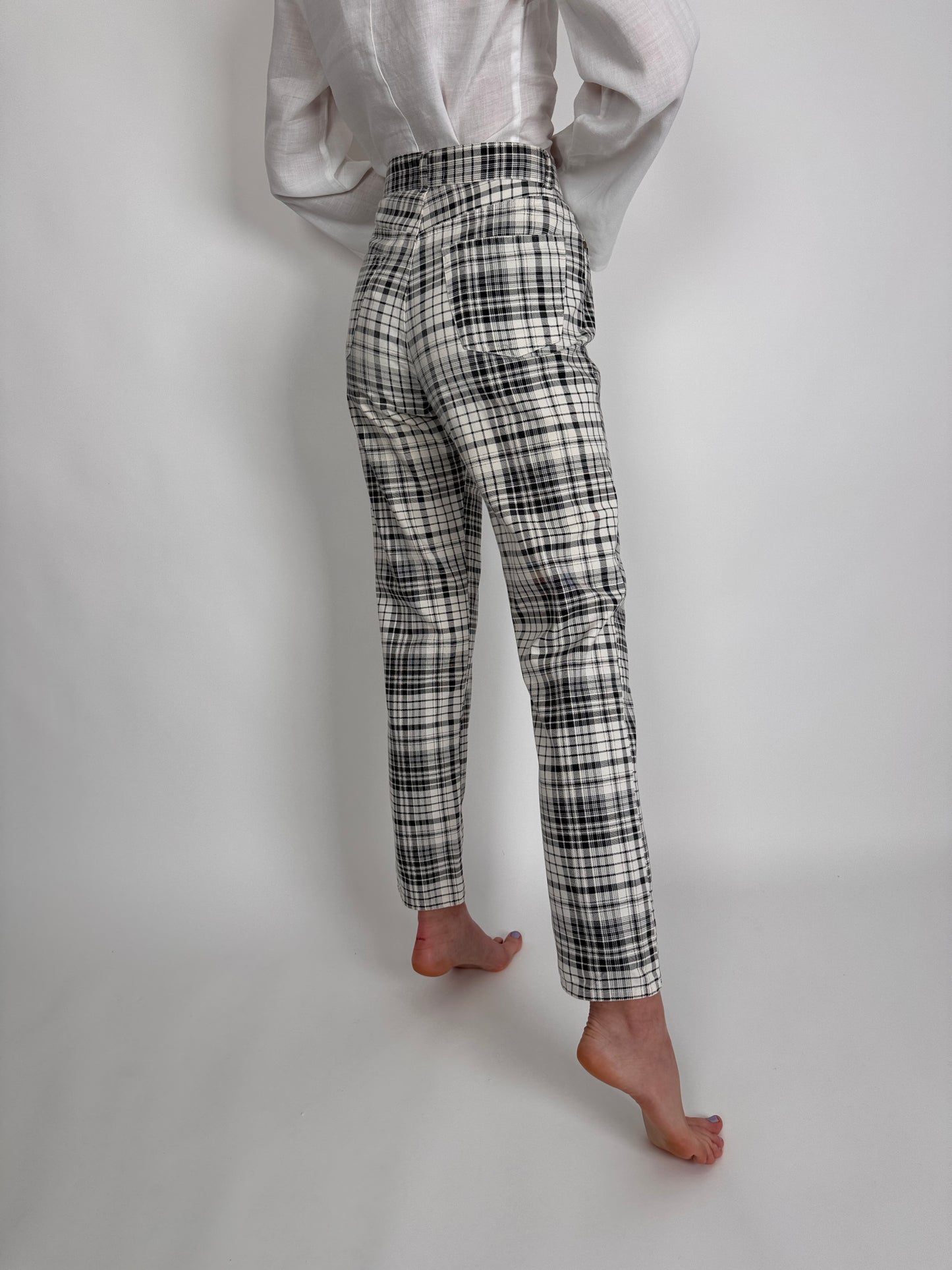 Pantaloni vintage în carouri cu talie ultra înaltă din pânză
