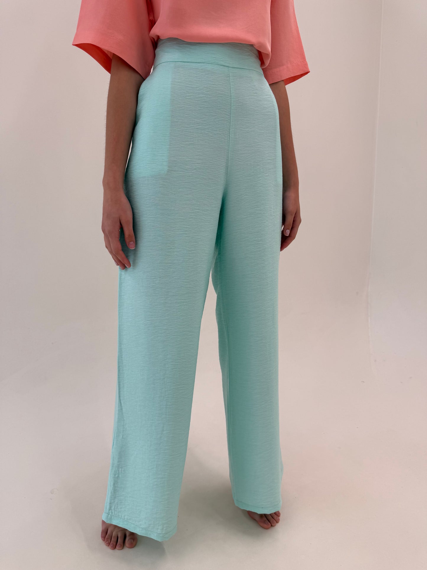 Pantaloni palazzo mint green din panzica extrafina cu talie ultra înaltă