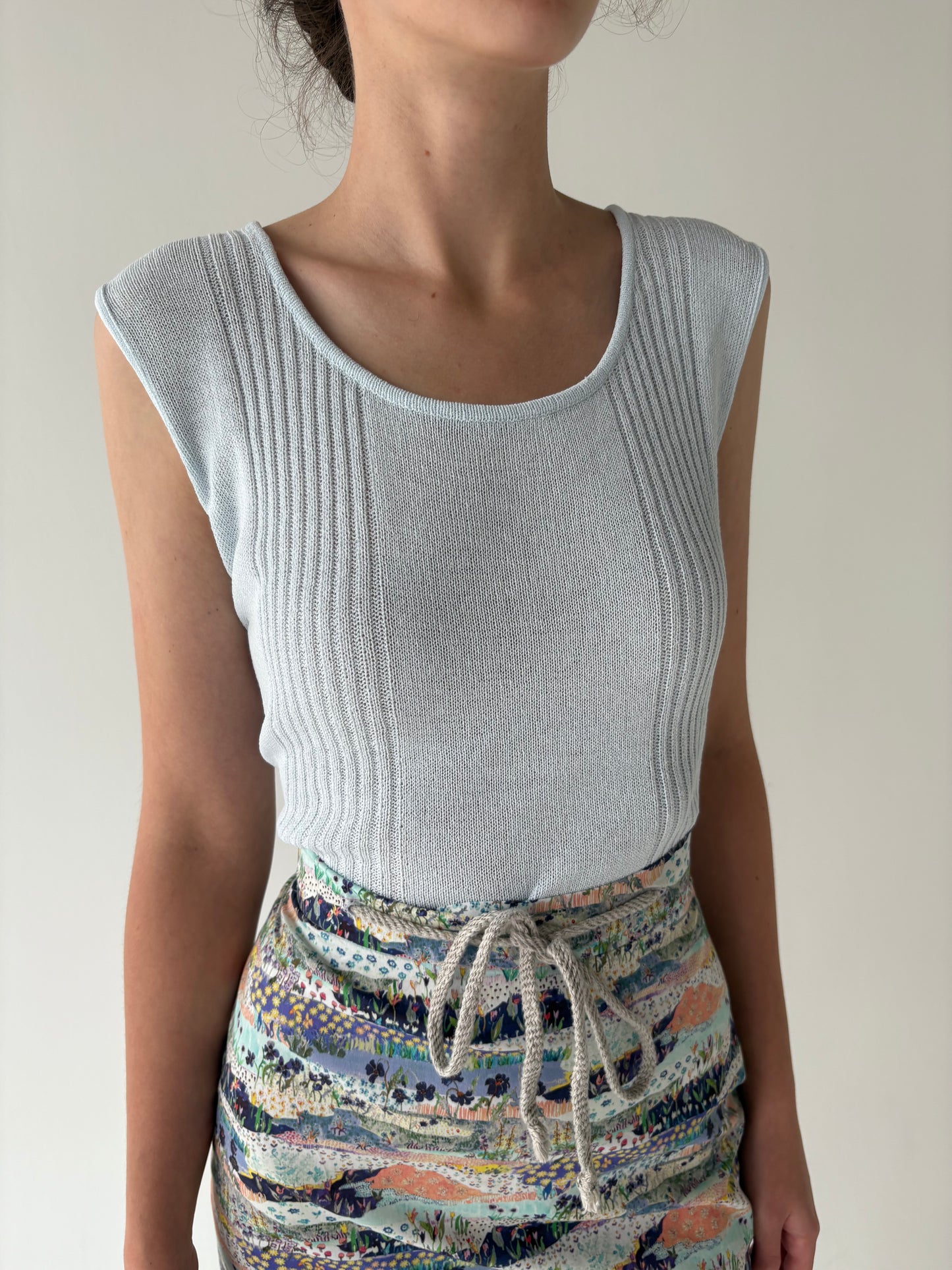 Top vintage baby blue din jerse de in și bumbac