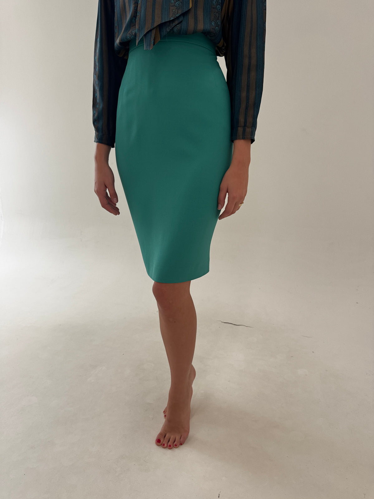 Fustă Valentino creion emerald green din crep gros midi cu talie ultra înaltă
