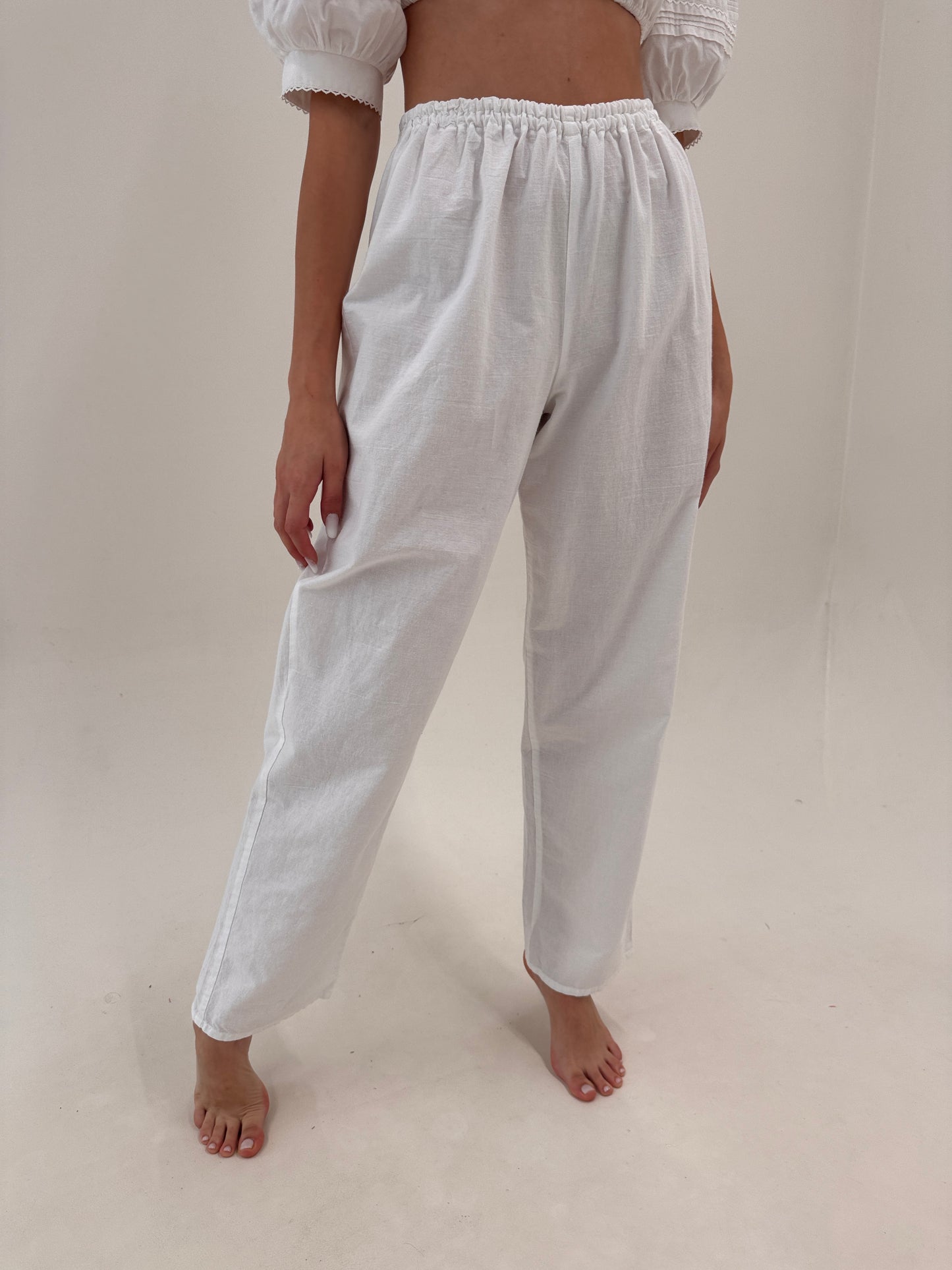 Pantaloni vintage new old stock tall din pânză excepțională de in cu talie elastică