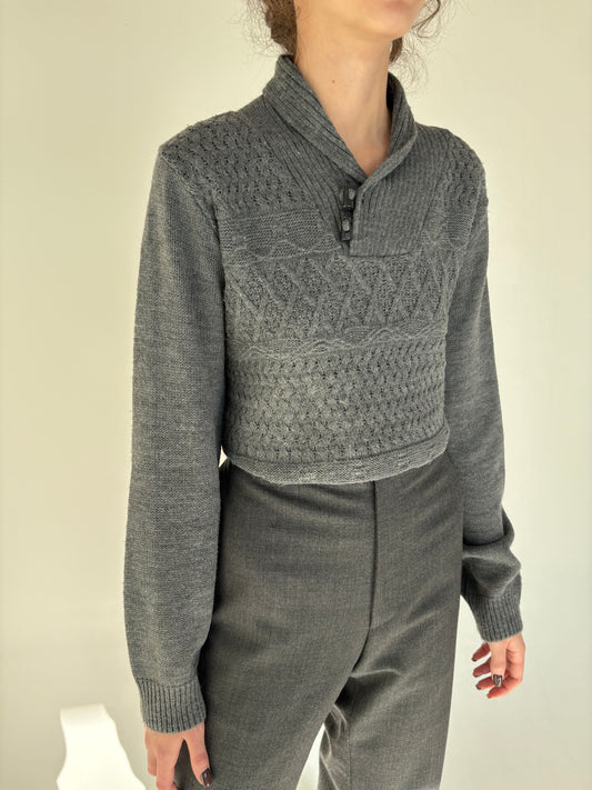Pulover polo shawl collar din lana plină extafina texturată
