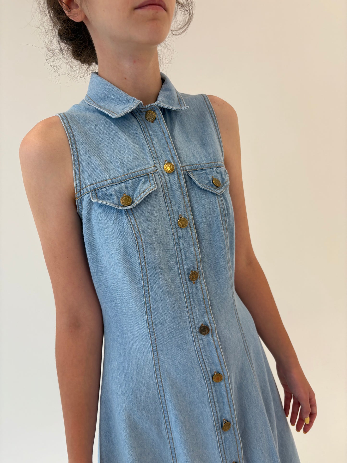 Rochie vintage maxi din jeans moale in croi cambrat light wash