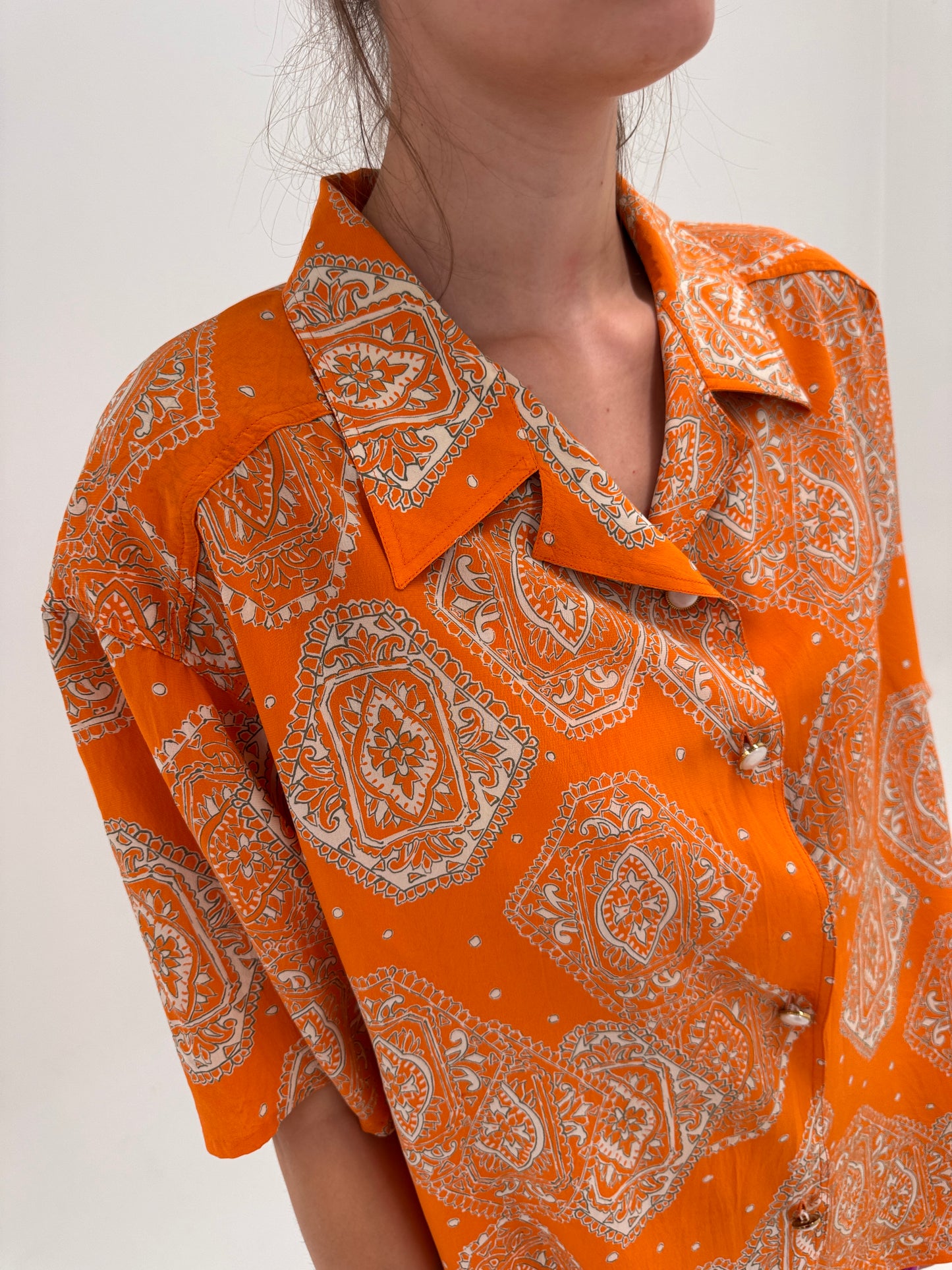 Cămașa vintage oranj cu print camel din twill excepțional de mătase naturală