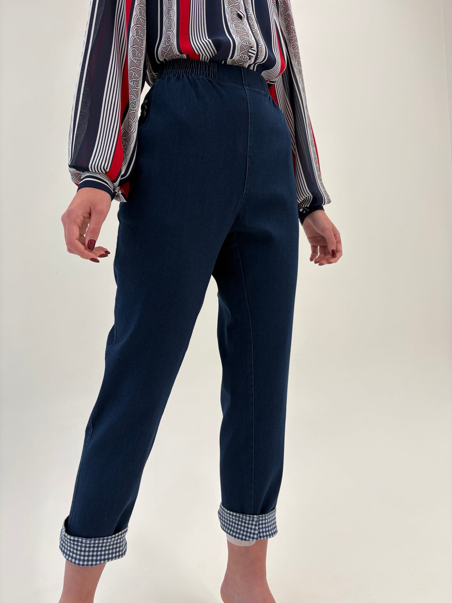 Jeans vintage ultra confort modelatori cu manșete gingham și talie elastică