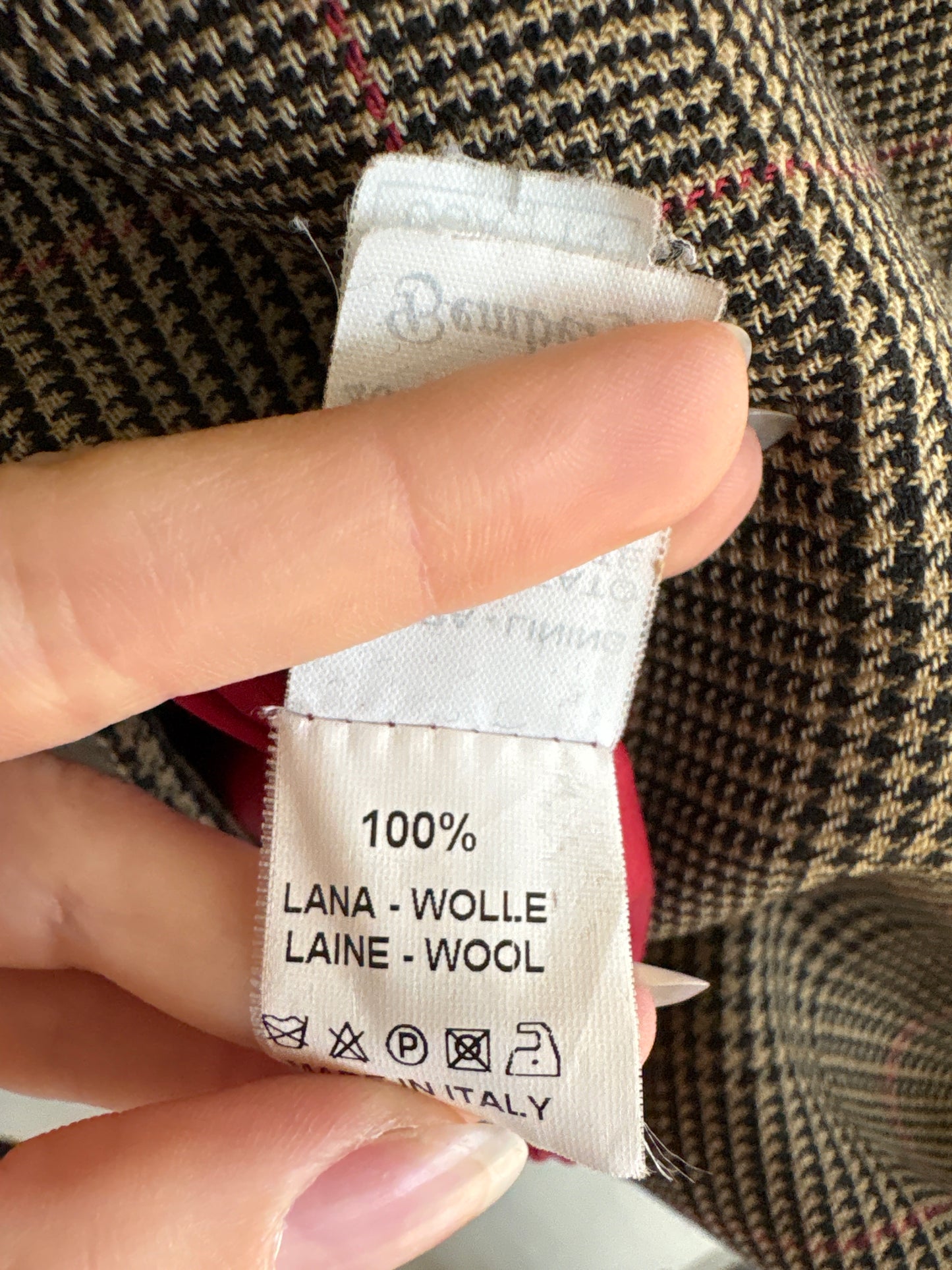 Sacou cambrat camel din lana în carouri pied de coq cu franjuri de cristale