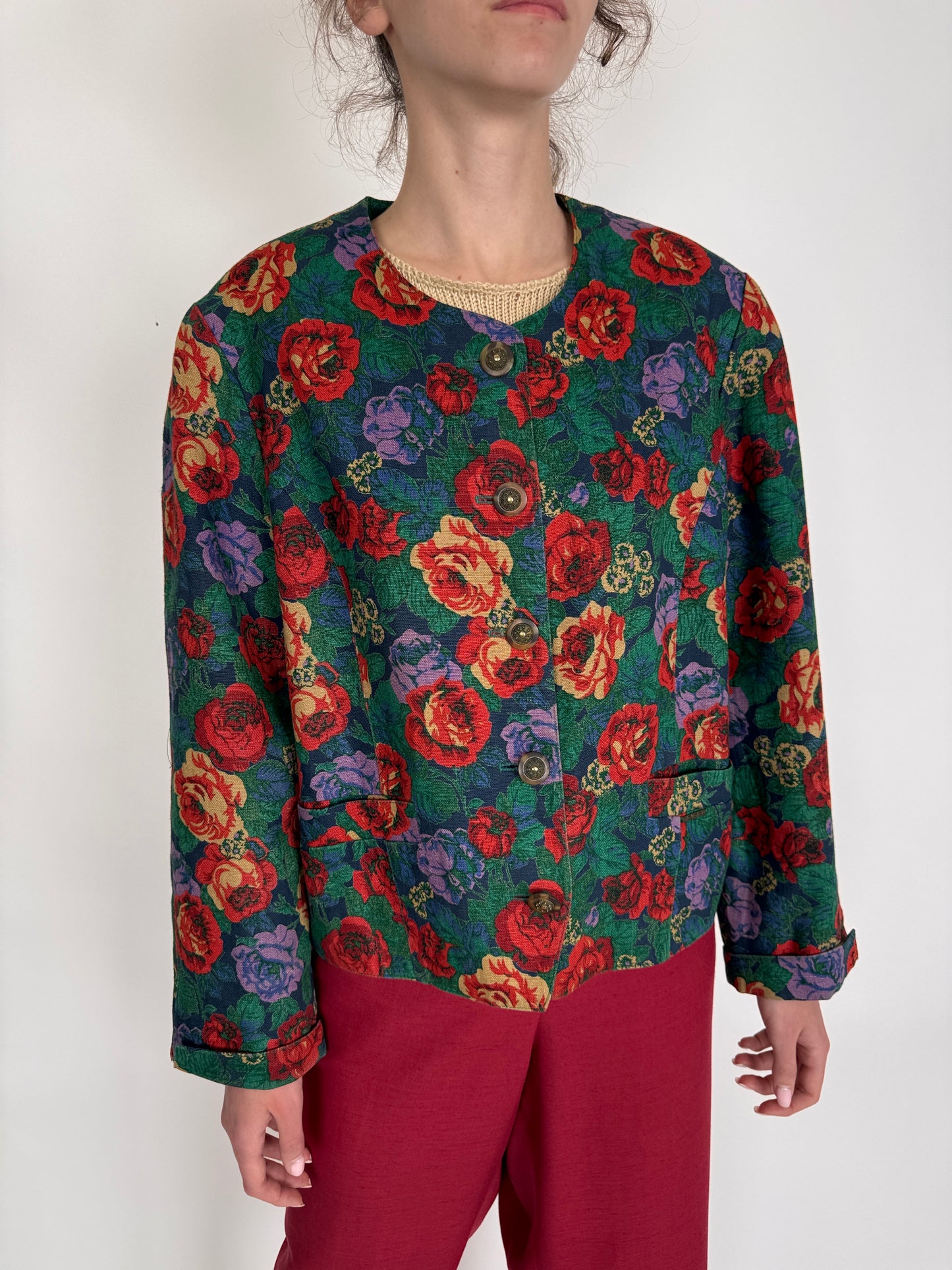 Sacou vintage din pânză de in cu print floral superb