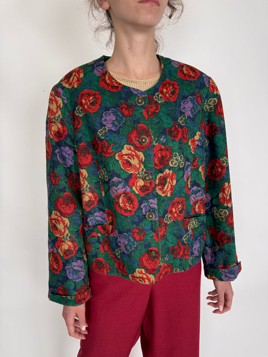 Sacou vintage din pânză de in cu print floral superb