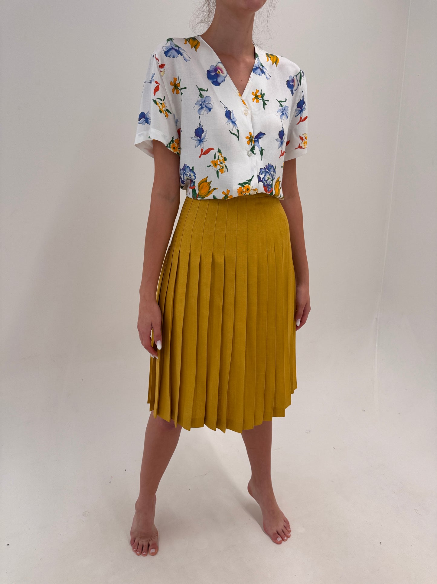 Fustă vintage plisată mustard yellow din pânză premium de in