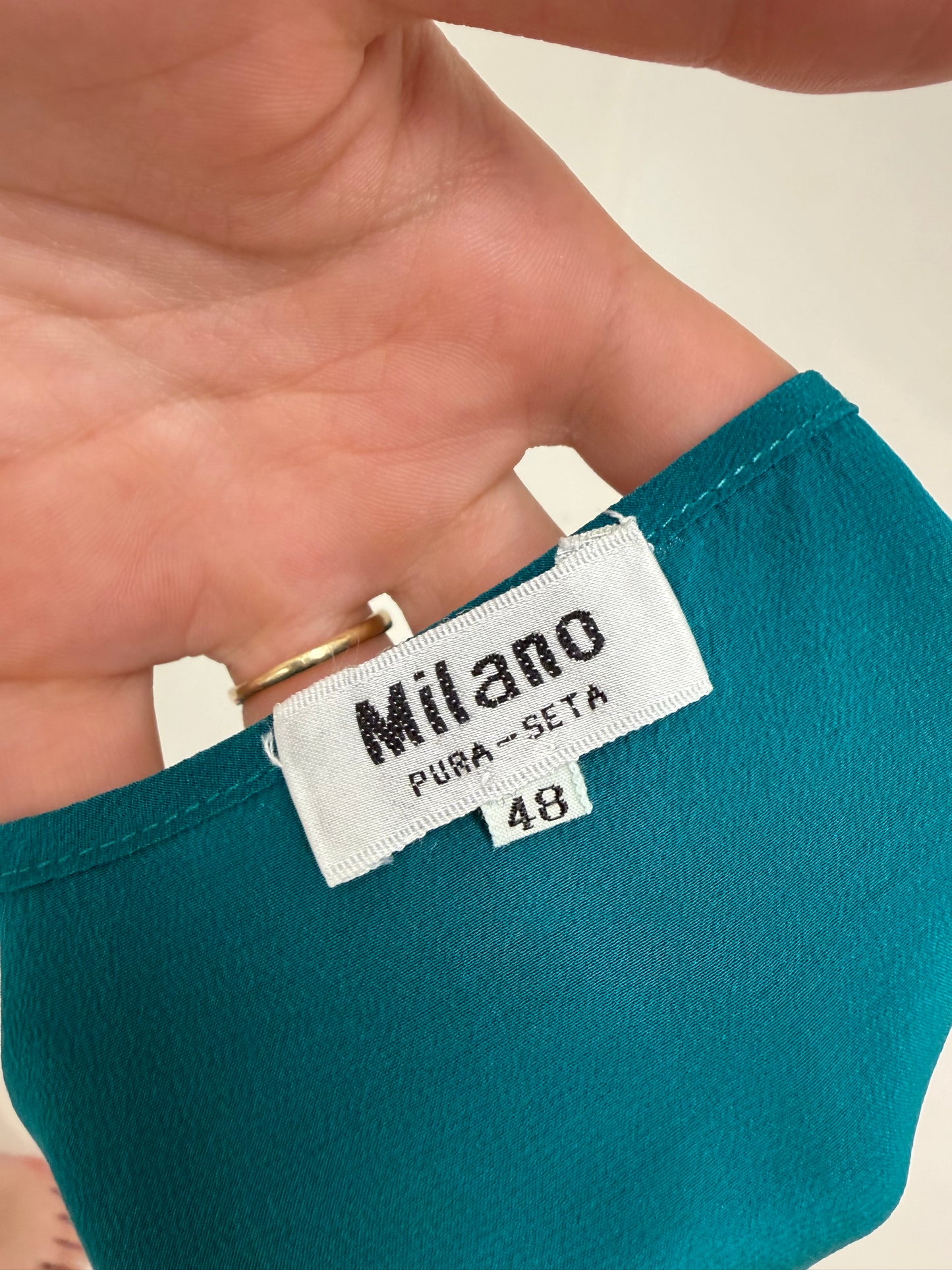 Top teal blue italian din mătase naturală cu mânecă căzută