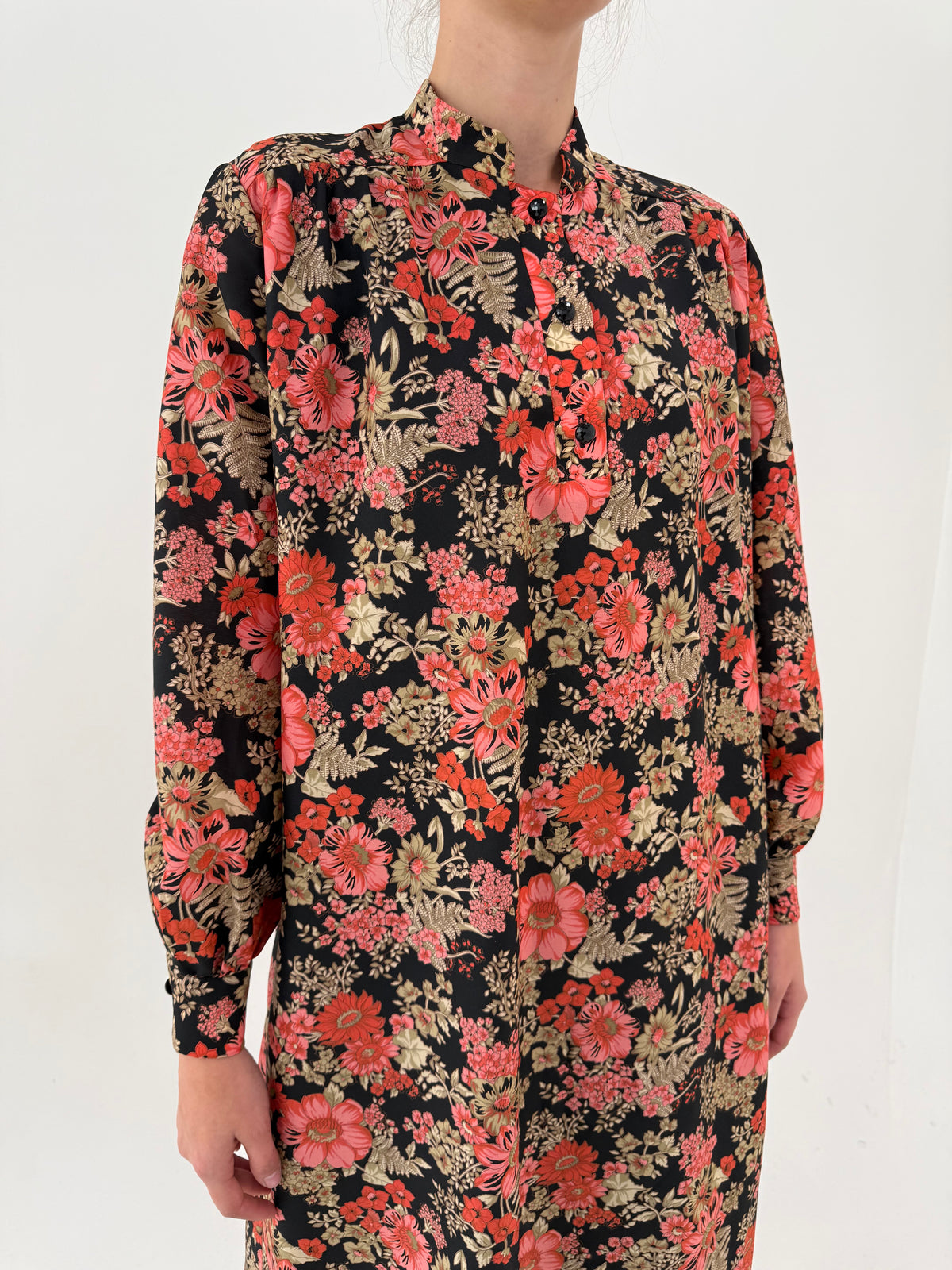 Rochie vintage midi lung cu print floral superb din mix de lana extrafina