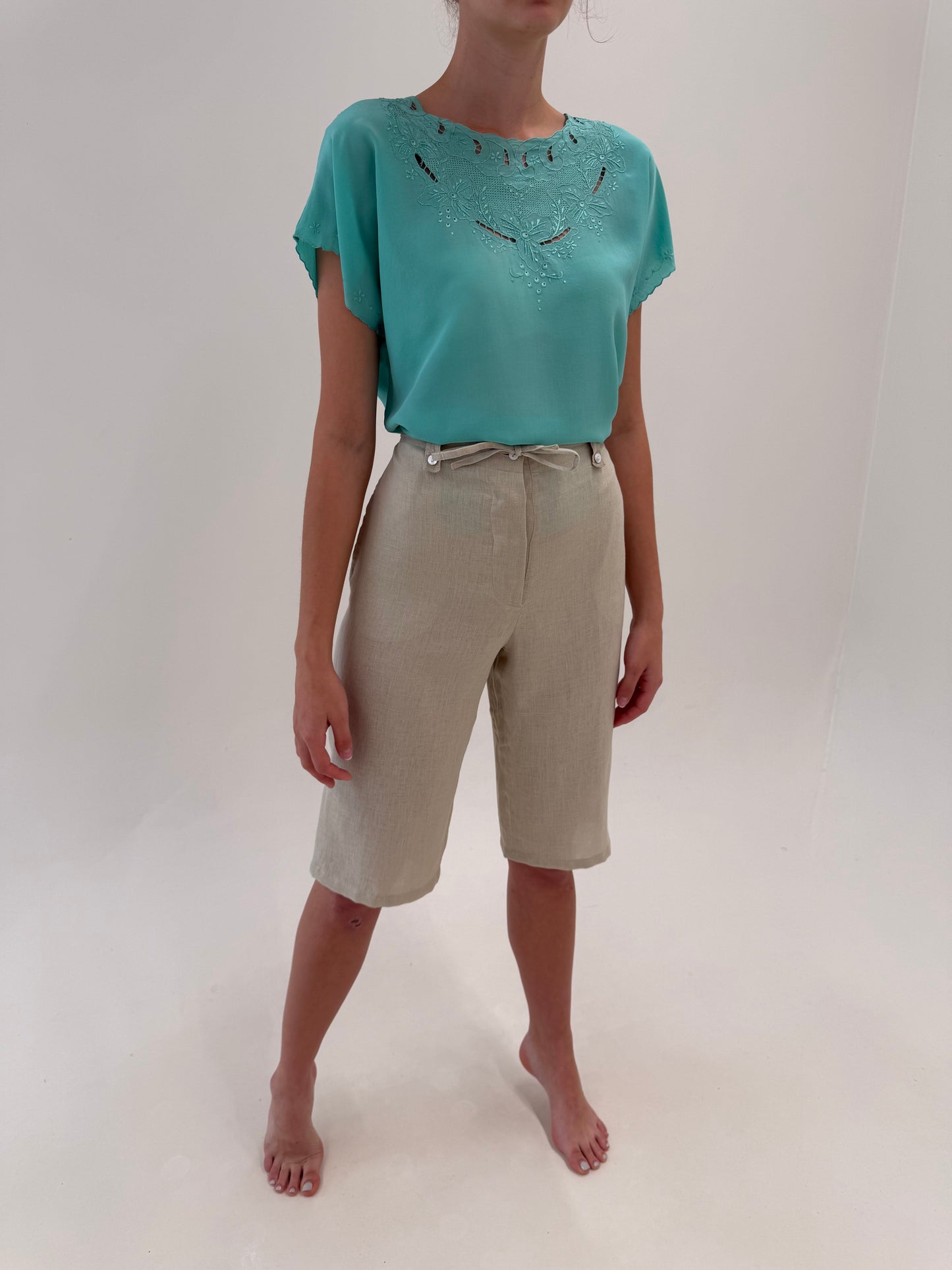 Pantaloni camel italienești din in premium cu talie reglabilă