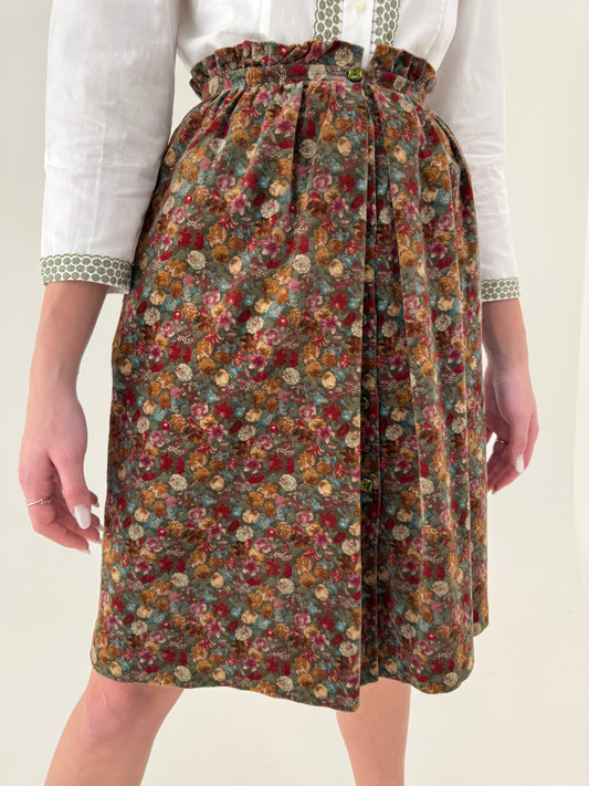 Fustă vintage cu print floral superb pe moss green din catifea cu talie ultra înaltă