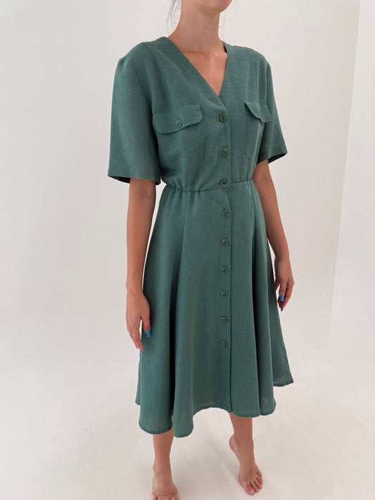 Rochie vintage din pânzăoale de in Eucalyptus green cu talie ușor elastică