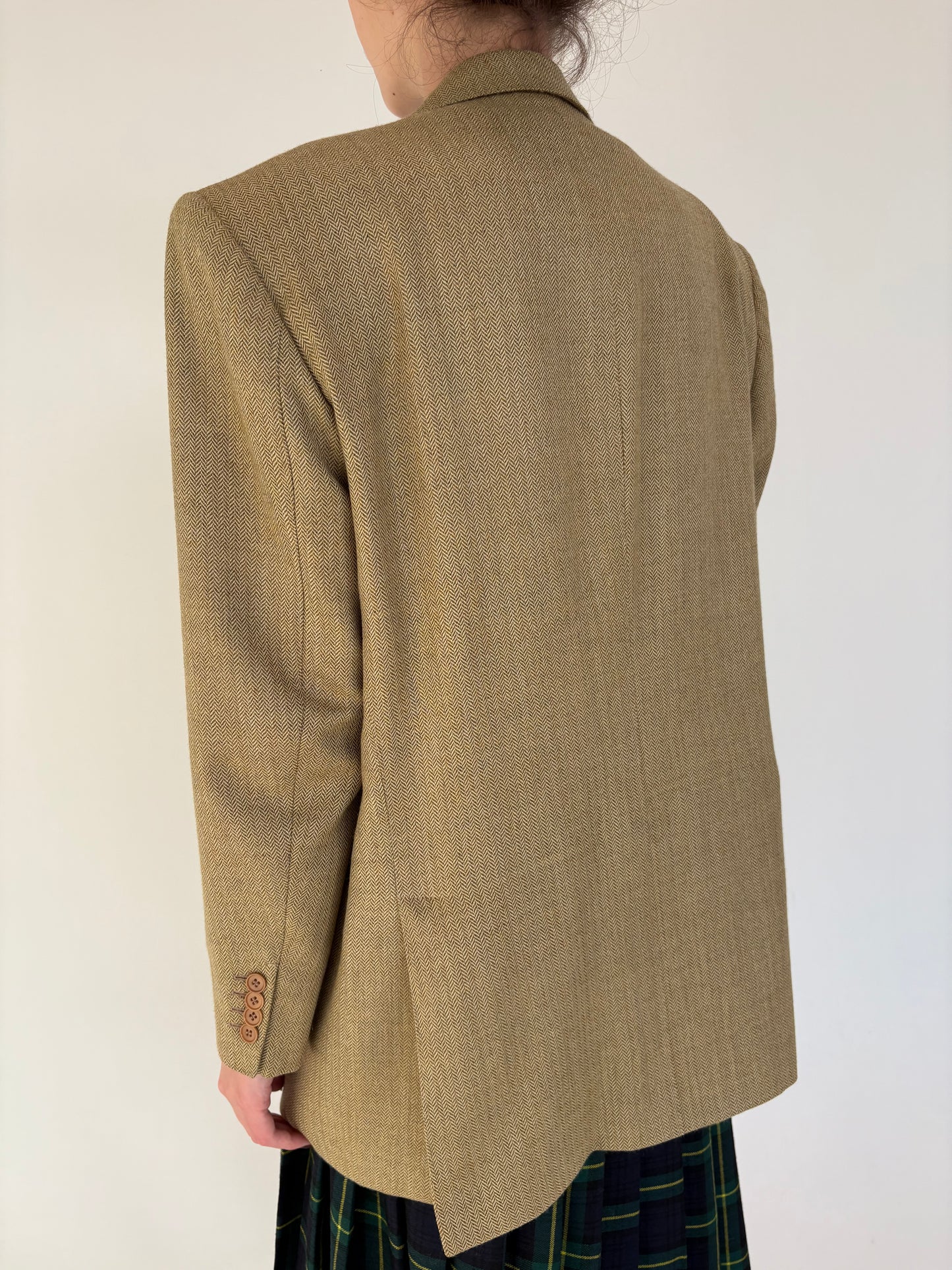 Sacou italian couture camel din stofă de lana și cașmir herringbone