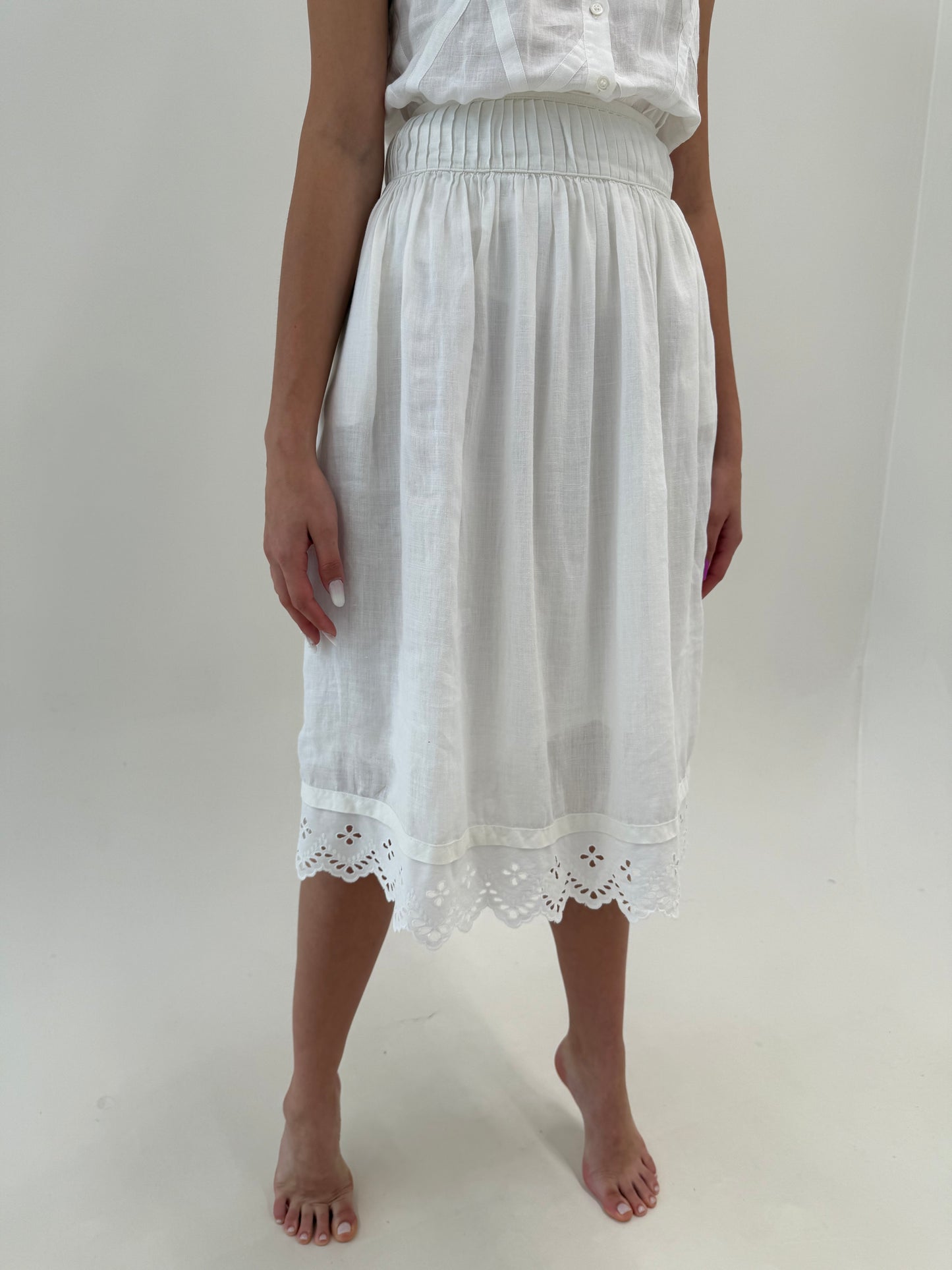 Fustă vintage din in premium cu talie ultra înaltă și broderie anglaise