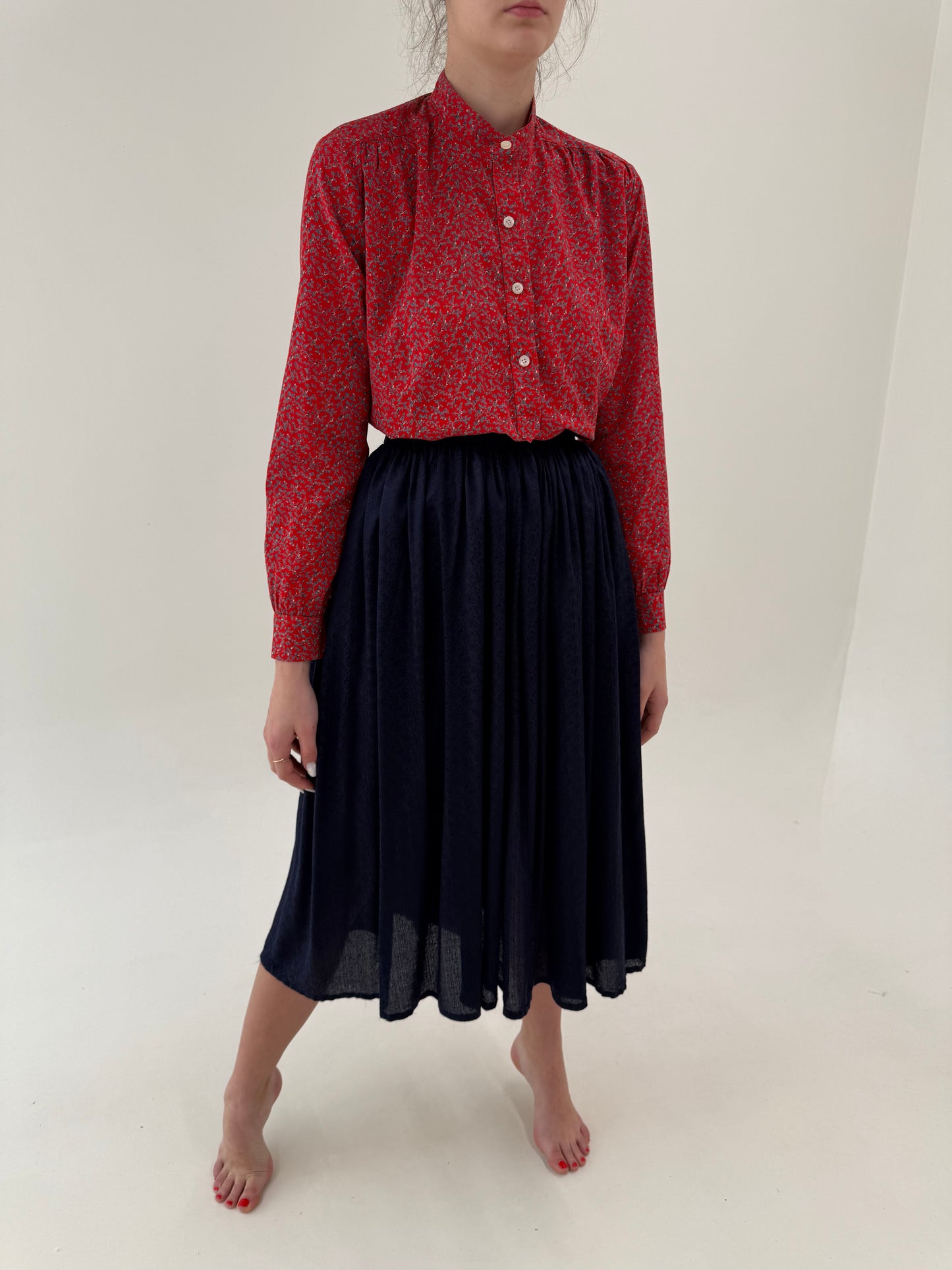 Fustă vintage cu talie uktra înaltă elastică Navy blue midi lung