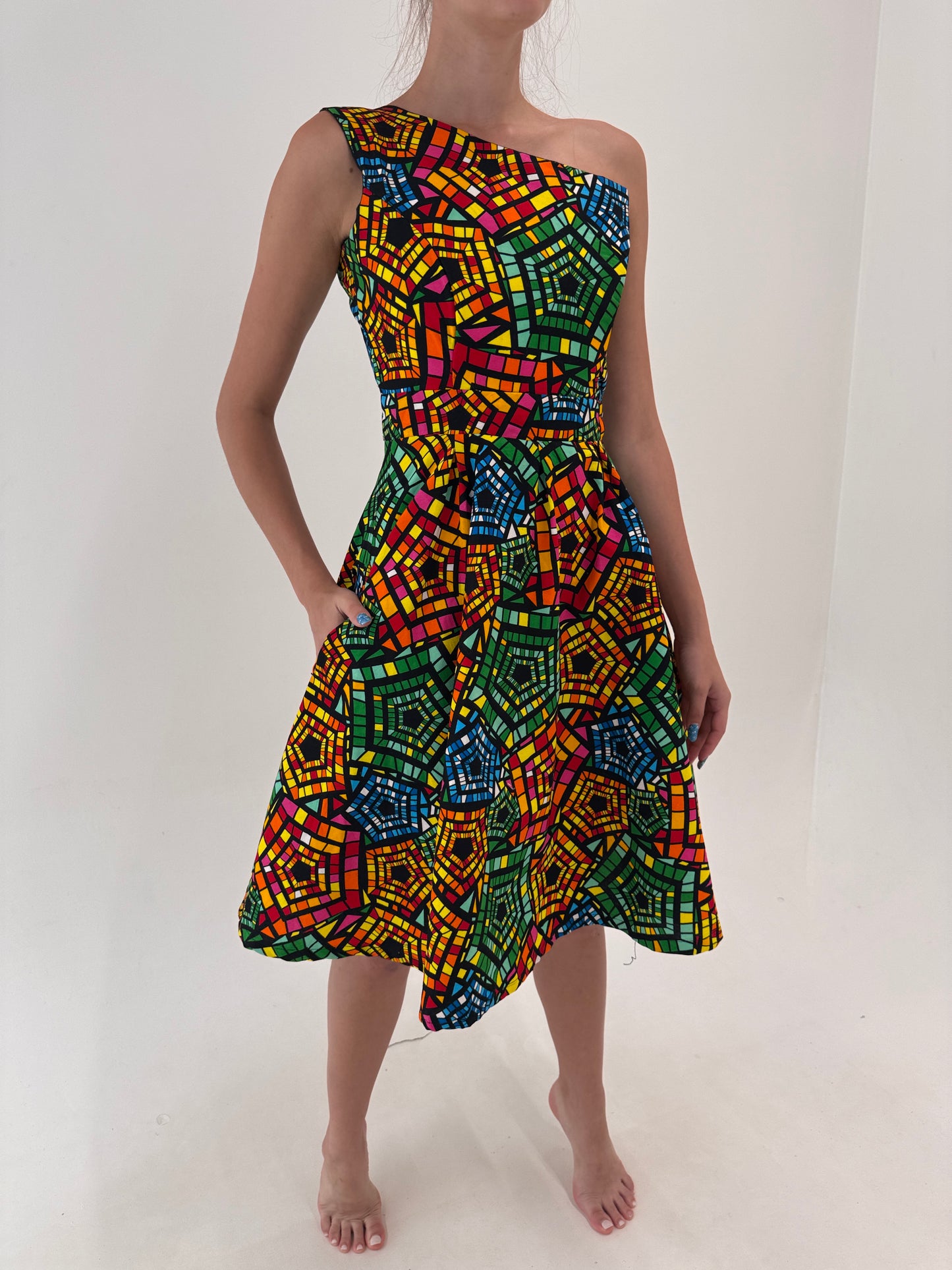 Rochie cu corsaj din canvas de bumbac cu print manual în culori tari
