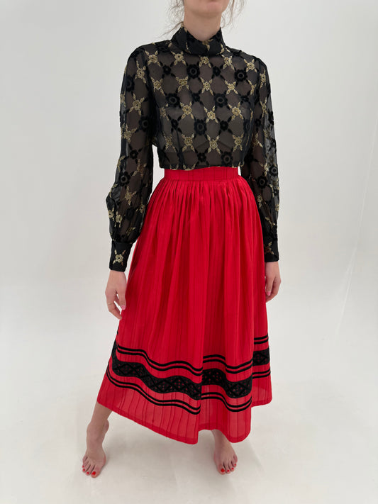 Fustă maxi din mătase naturală dupioni cherry red cu talie ultra înaltă