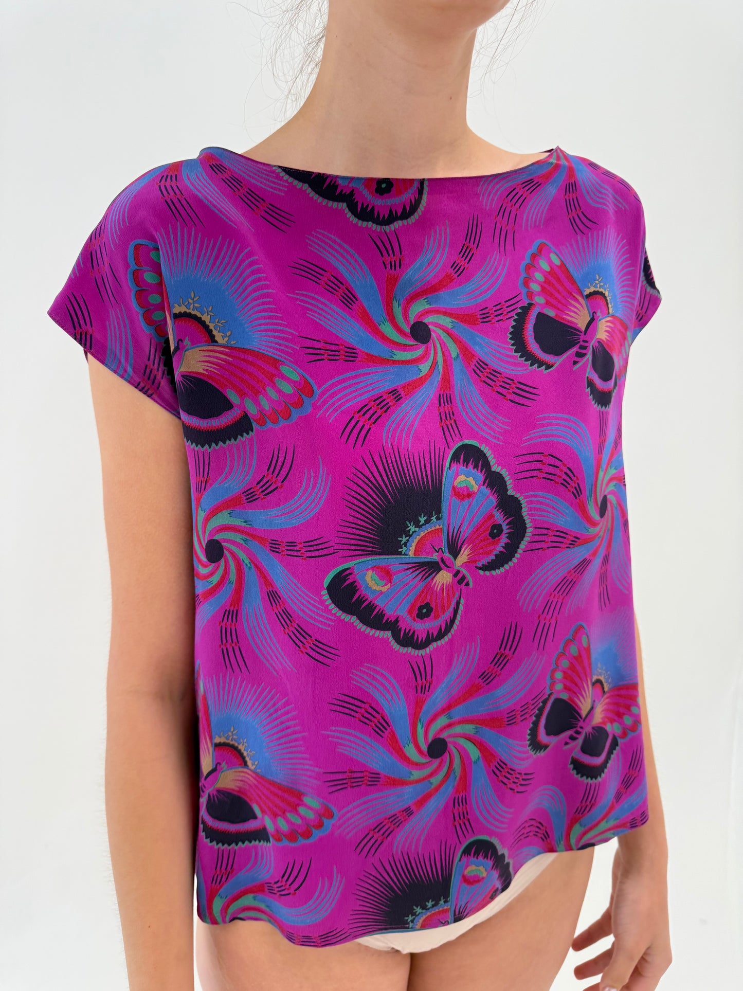 Set vintage magenta din mătase naturală cu fusta petrecută print delicat