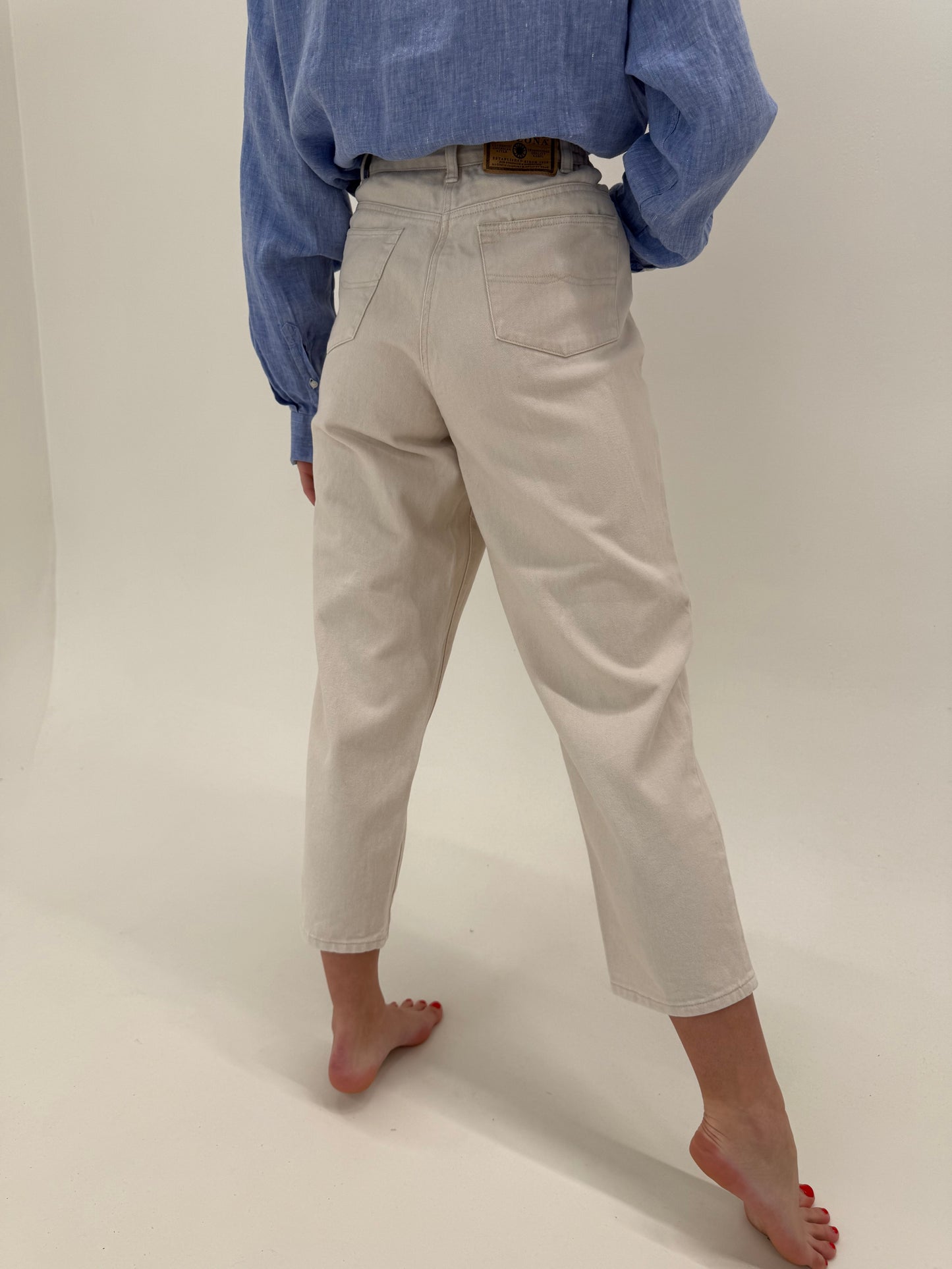 Jeans vintage butter nude cu talie ultra înaltă elastică mom fit petite