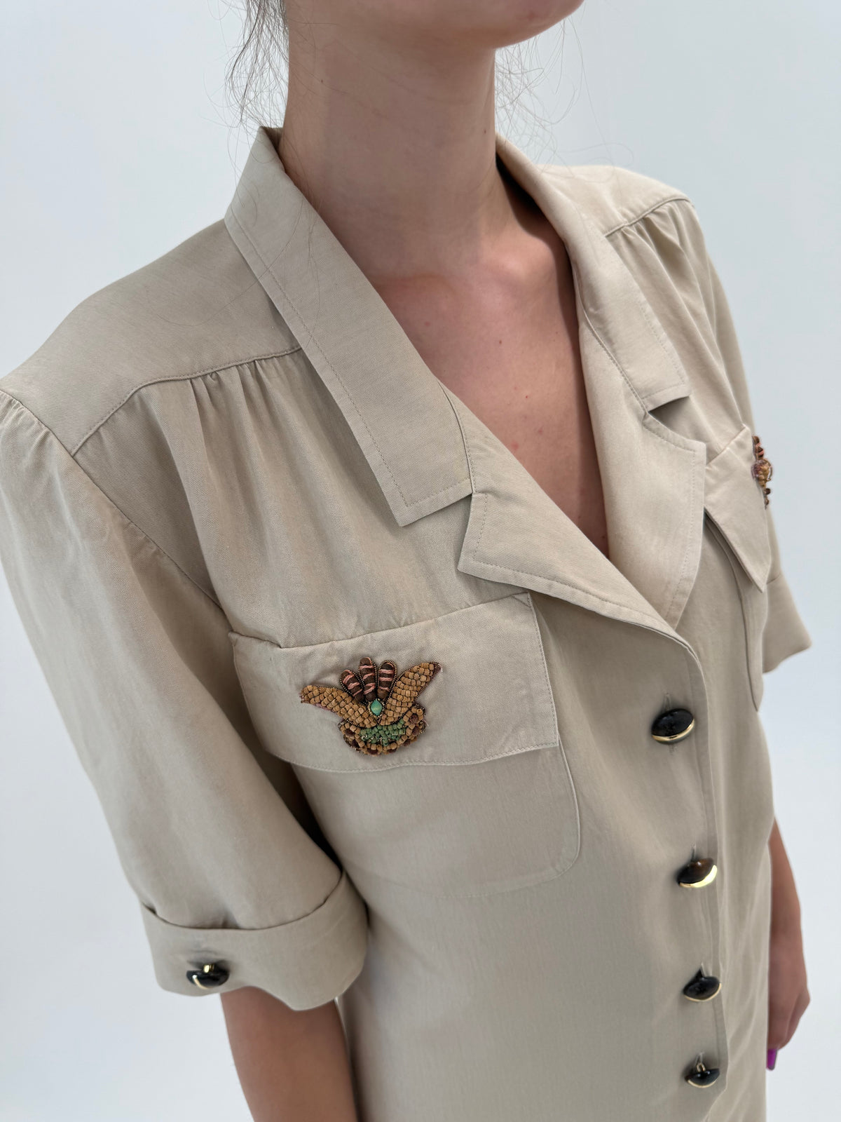 Rochie vintage de designer italian Safari din pânză de in cu aplicații manuale