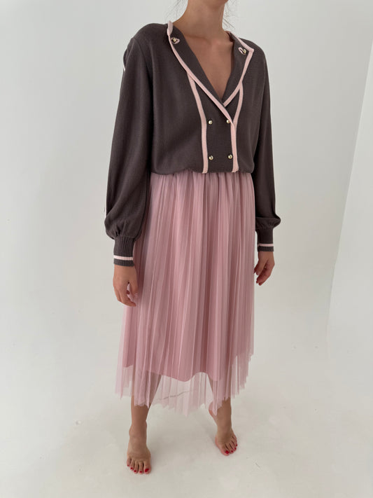 Fustă powder Pink din tulle midi lung cu talie ultra înaltă elastică