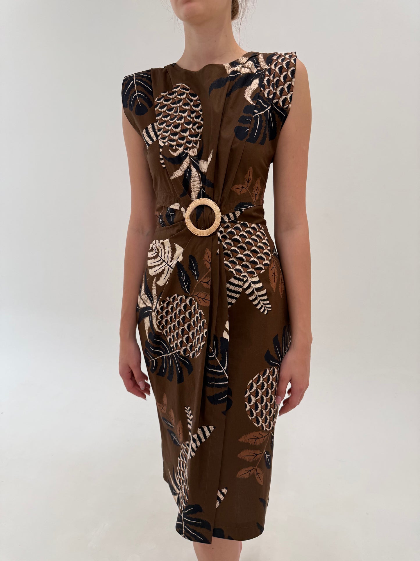 Rochie vintage superbă în stil Safari cu detaliu chic fronsat în talie chocolate brown