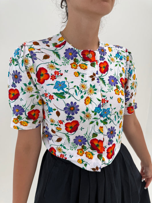 Corsaj premium din bumbac cu print floral superb și mâneci ușor bufante