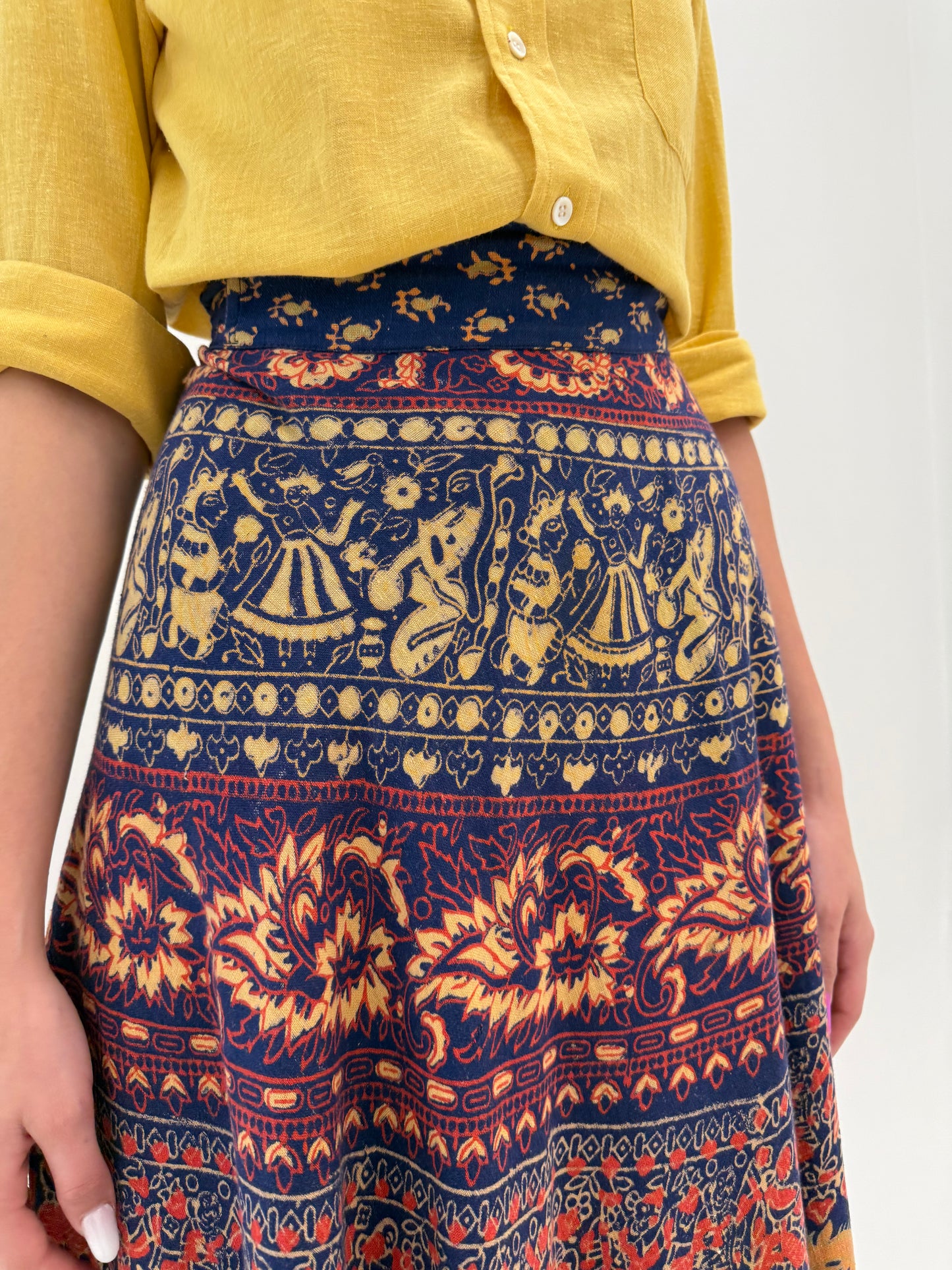 Fustă maxi tall jeans blue petrecută  din canvas de bumbac cu print manual