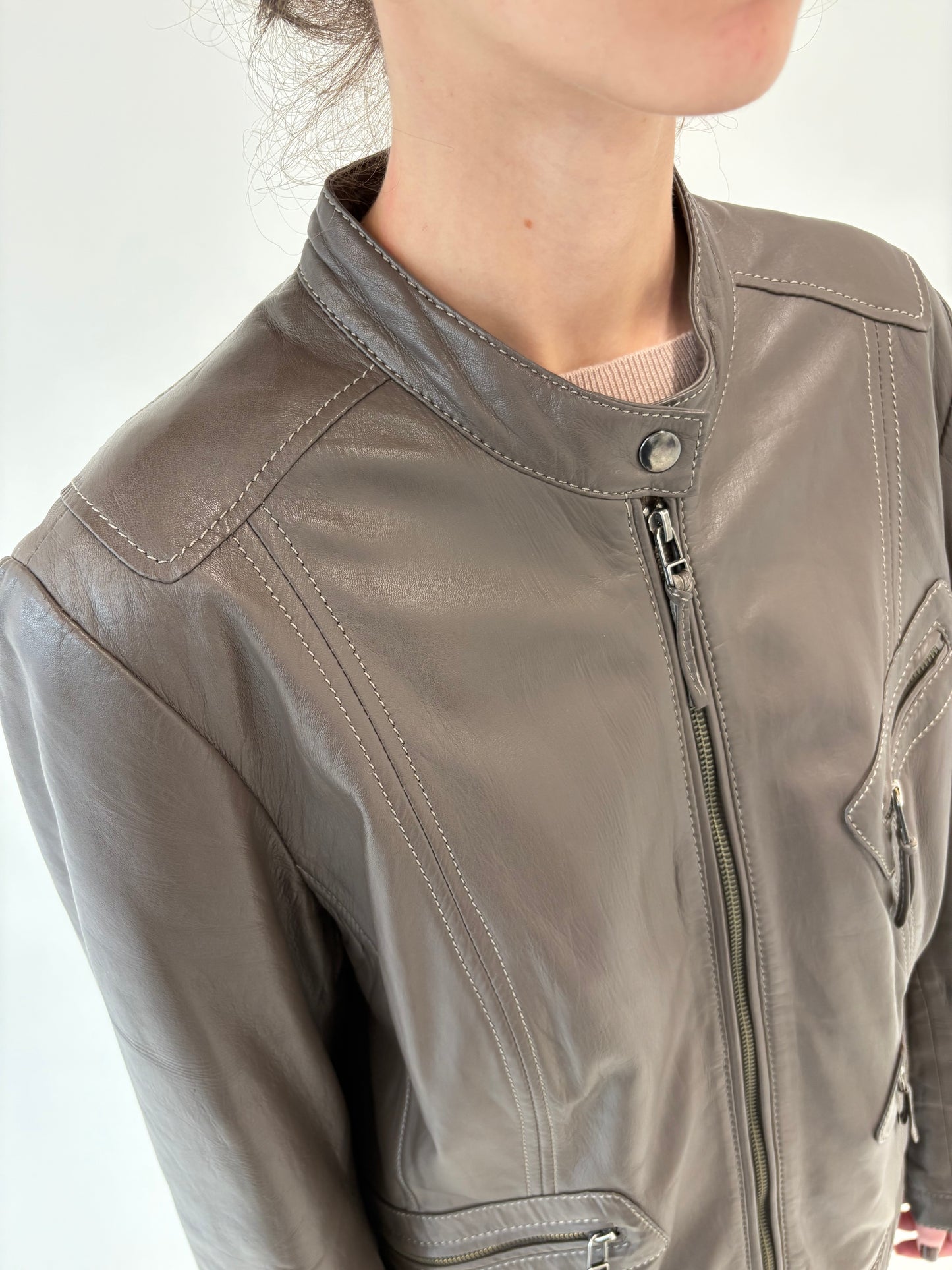 Geacă biker light taupe brown din piele naturală mănușă de excepție