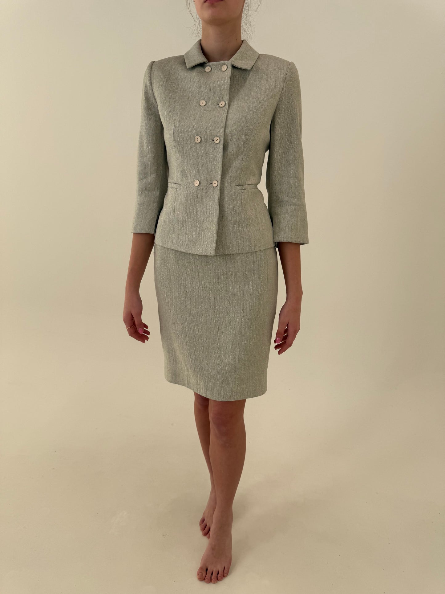 Deux piece high end din lanita foarte subțire cu mătase naturală very light green