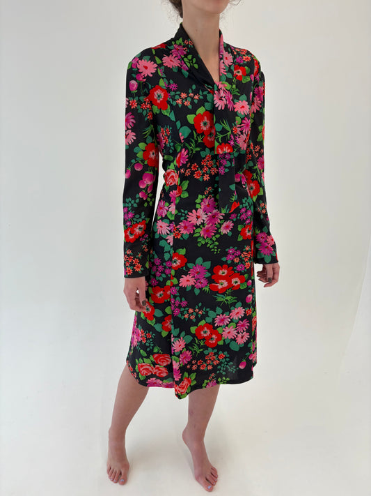 Rochie vintage cu print floral în culori tari din Georgette ușor strech