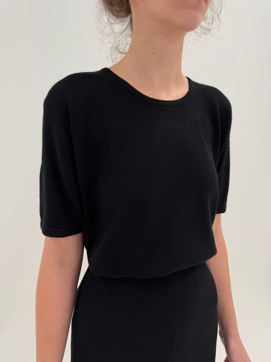 Top negru din lana merino extrafina cu elastan