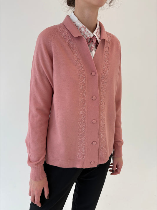 Cardigan powder Pink in stil sacou cu broderie din lana extrafina