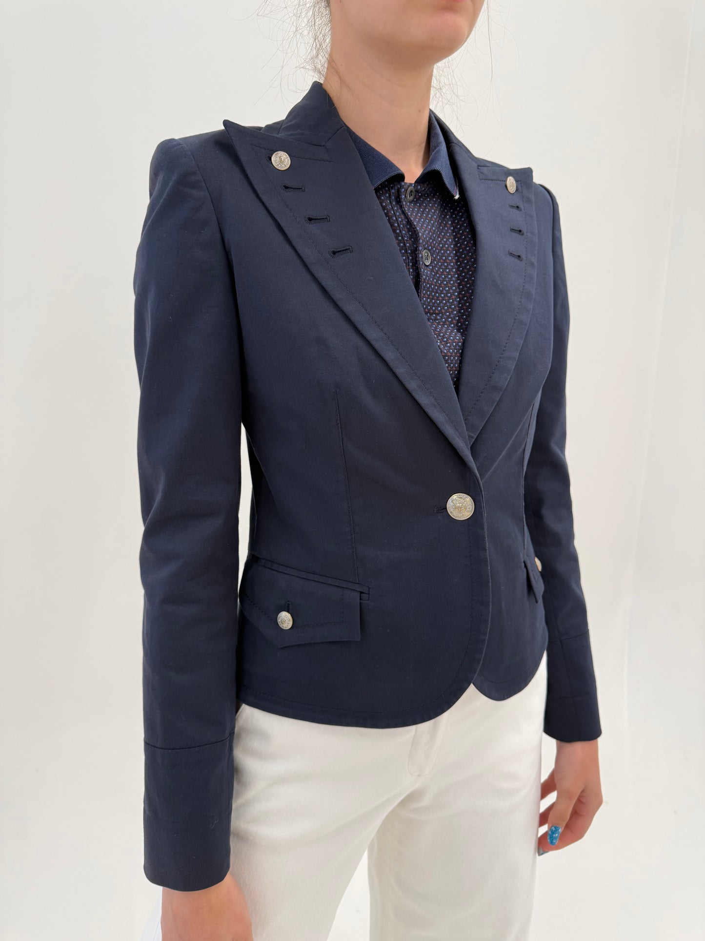 Sacou Valentino cambrat de vară din Navy blue cu revere late și nasturi bijtuterie