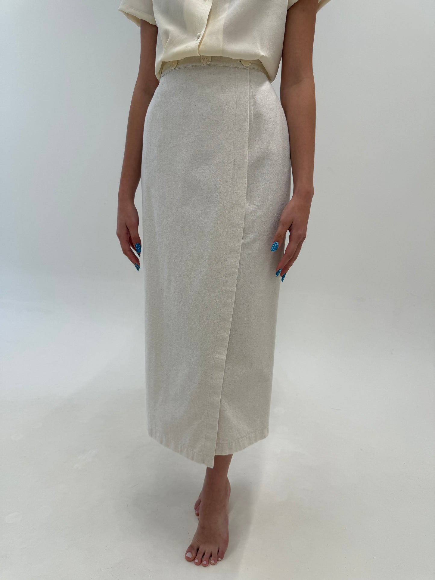 Fustă maxi în croi minimalist light nude din panza excepțională grea de in și bumbac
