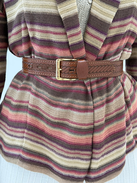 Centura vintage din piele naturală groasă texturată cu feronerie aurie