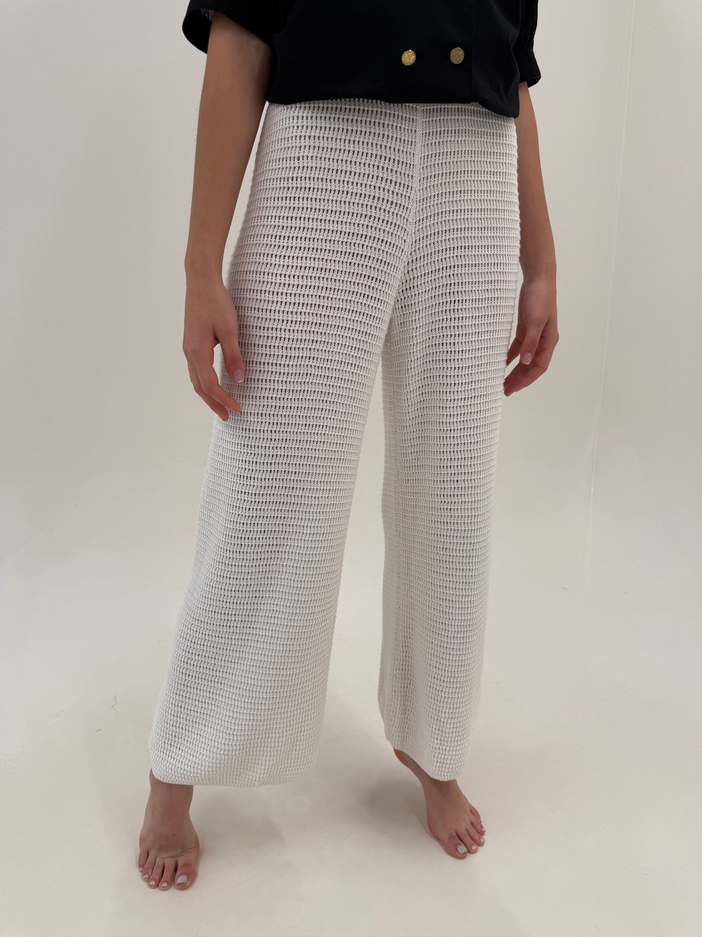 Pantaloni palazzo din tricot dantelat tip macrame super vaporoși off white