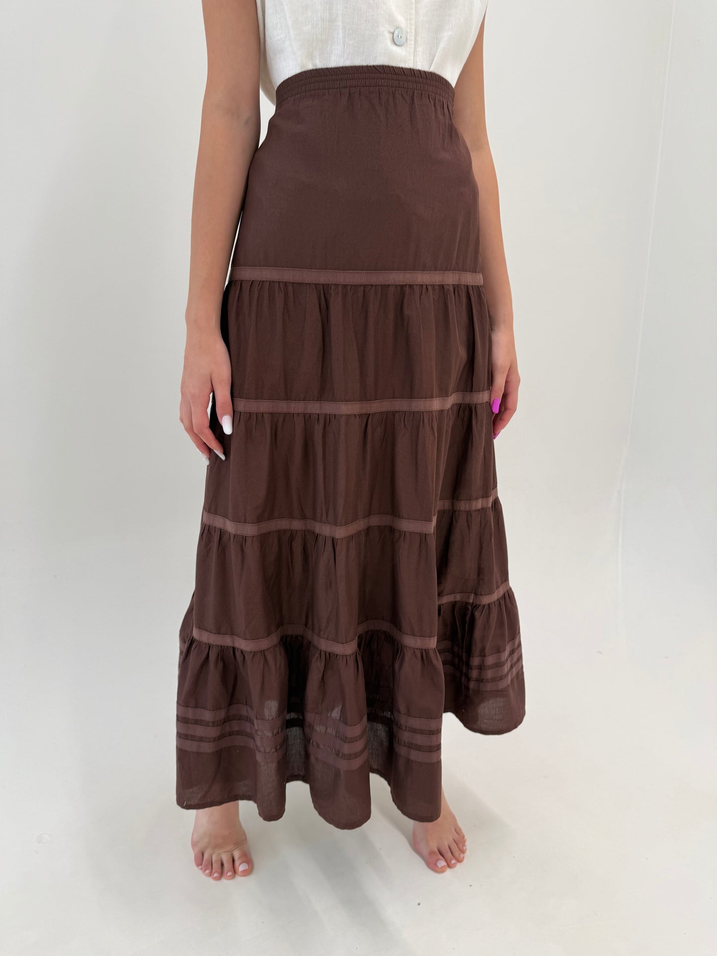 Fustă maxi chocolate brown din pânză moale de bumbac cu talie ultra înaltă elastică