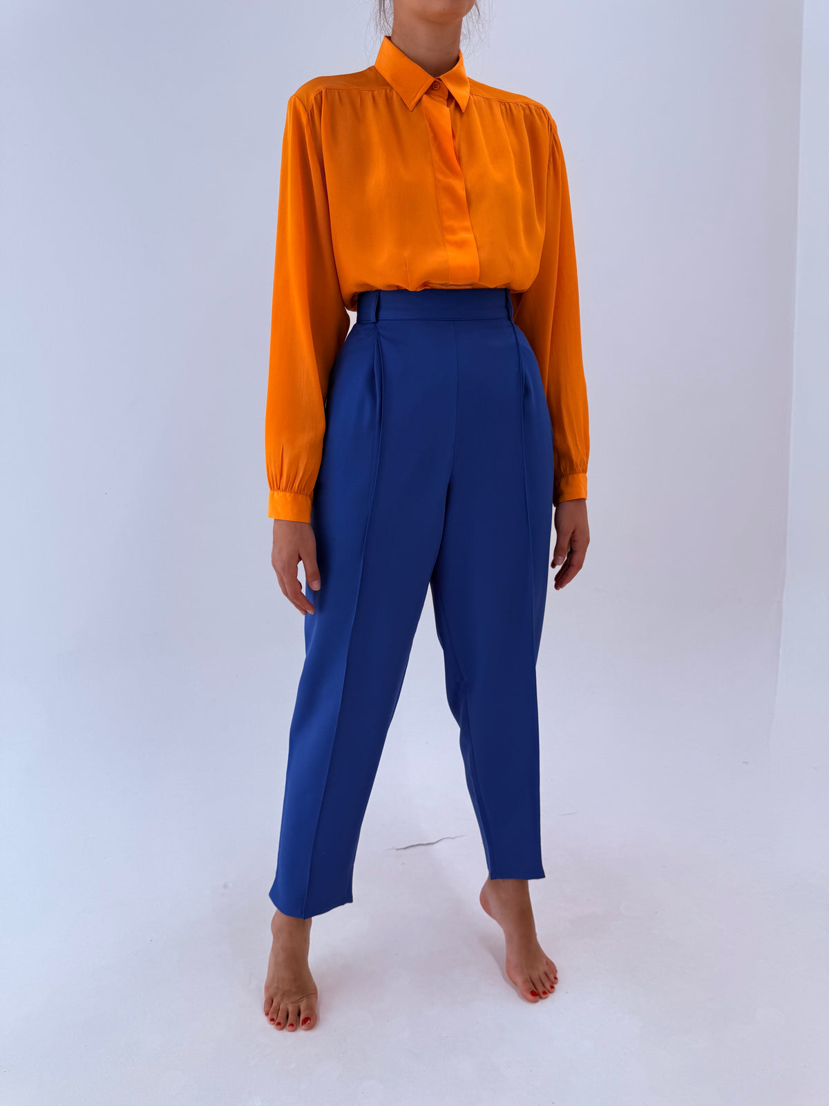 Pantaloni țigaretă petrol blue cu talie ultra înaltă și solduri generoase