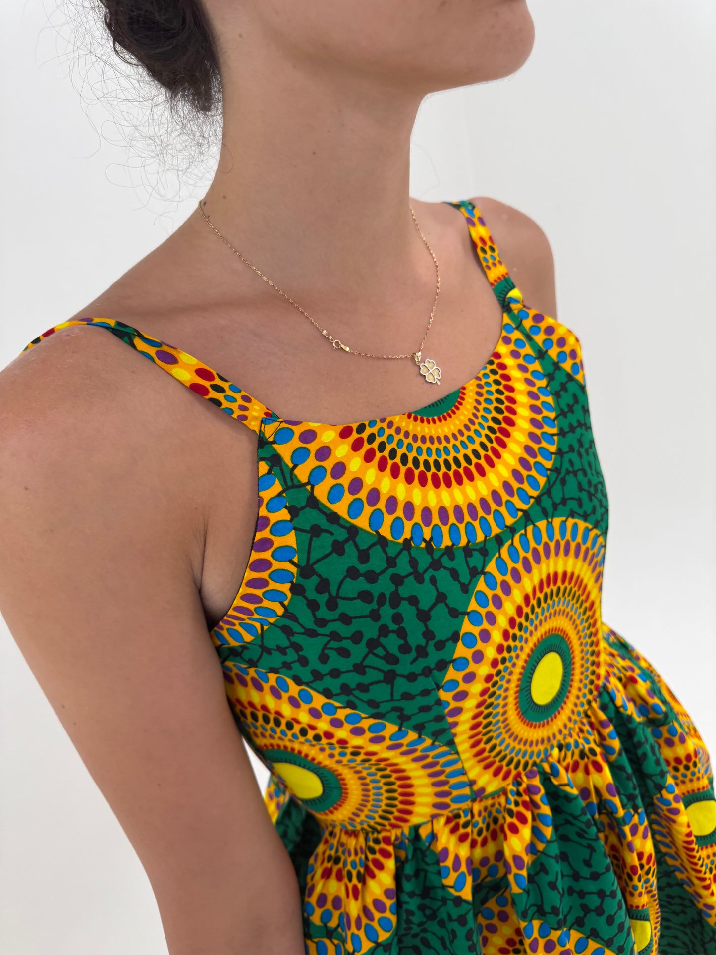 Rochie maxi cu corsaj din canvas de bumbac cu print manual în culori tari