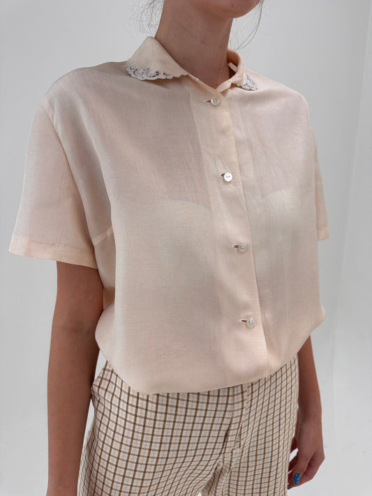 Cămașa pink nude din mătase naturală cu broderie