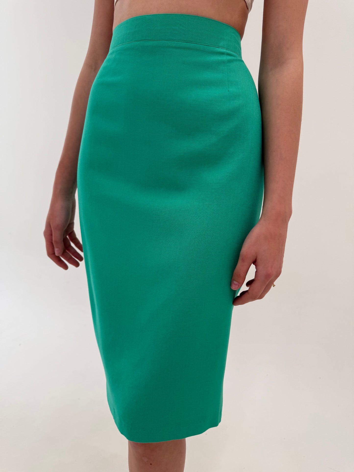 Costum vintage emerald green cu sacou cambrat și fustă creion din în și vâscoza