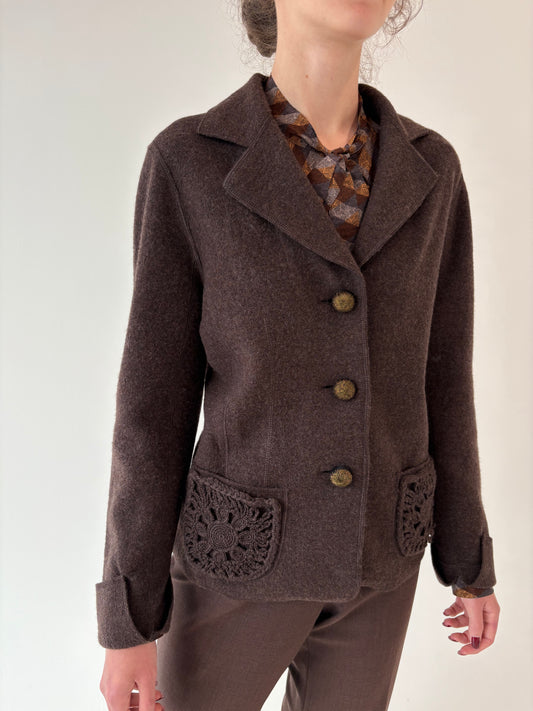 Sacou chocolate brown din boiled wool cu detalii lucrate manual